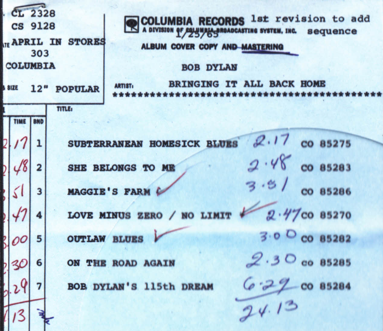 Album Cover Copy sheet for Bringing It All Back Home