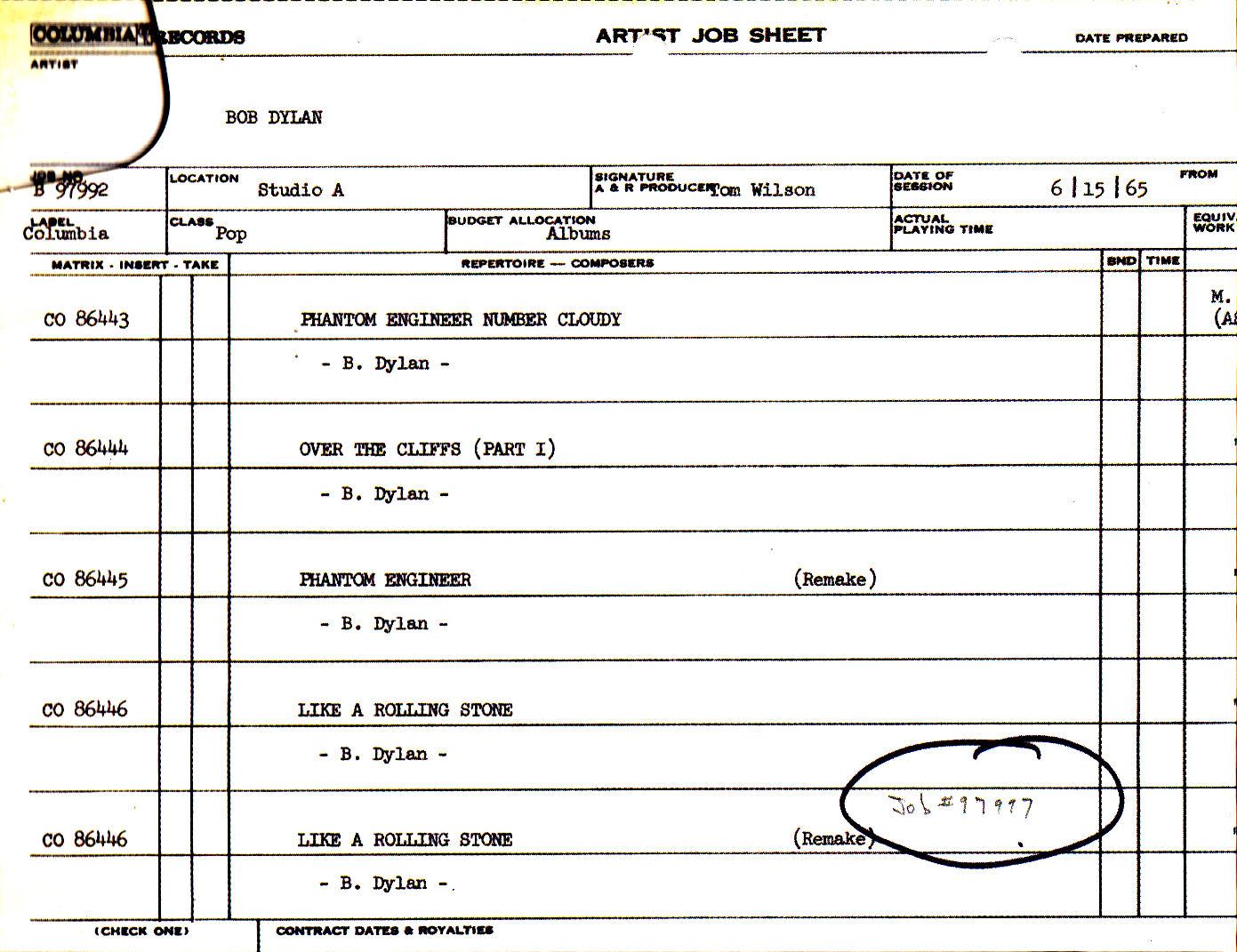 Artist Job Sheet 15 Jun 1965